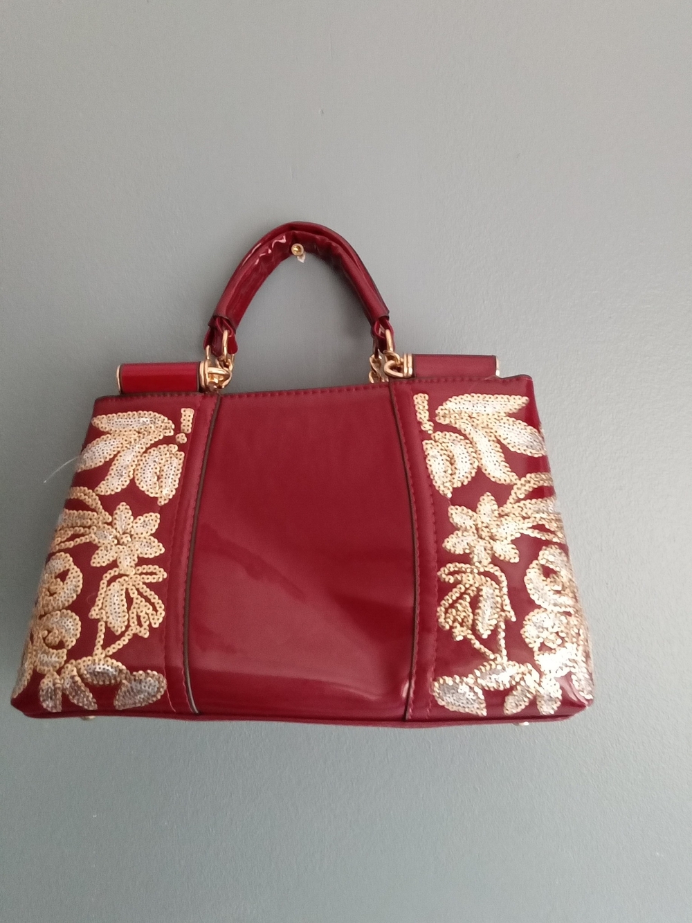 Women’s Wine Red Patent Leather Sequin Floral Tote Bag